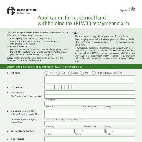 Document preview: Apply for a RLWT repayment claim — Property, New Zealand (CERFA n°IR1102)