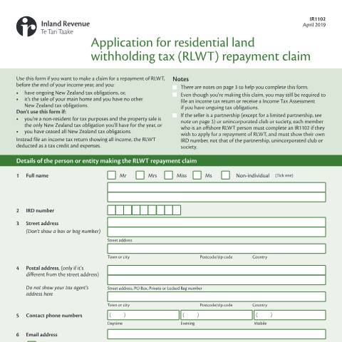 Document preview: Apply for a RLWT repayment claim — Property, New Zealand (CERFA n°IR1102)