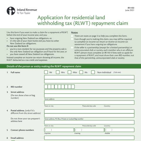 Document preview: Apply for a RLWT repayment claim — Property, New Zealand (CERFA n°IR1102)