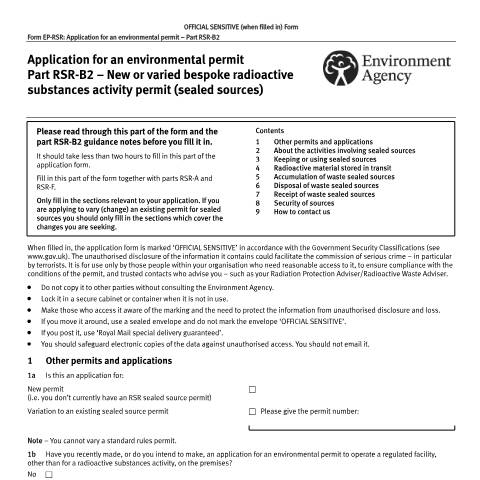 Document preview: Part RSR-B2: apply for a RSR sealed sources permit — Environment Agency, United Kingdom