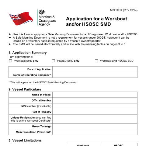 Document preview: Apply for a safe manning document for workboats and/or HSOSC — Maritime and Coastguard Agency, United Kingdom