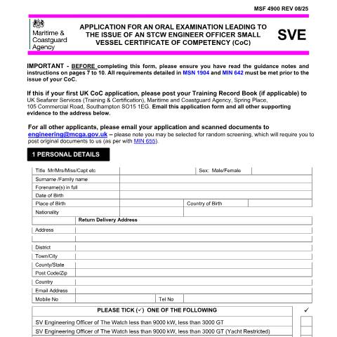 Document preview: How to apply for an engineering small vessel CoC — Maritime and Coastguard Agency, United Kingdom