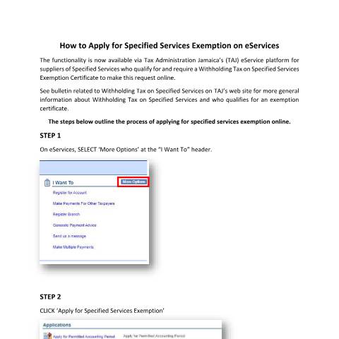 Document preview: Apply for Specified Services Exemption on eServices — Guide, Jamaica (CERFA n°How_to_Apply_for_Specified_Services_Exemption_on_eServices_Guide_062020)
