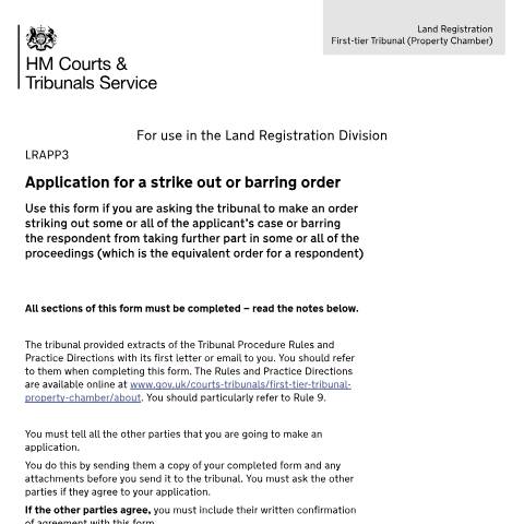 Document preview: Apply for a strike out or barring order: Form LRAPP3 — HM Courts & Tribunals Service, United Kingdom