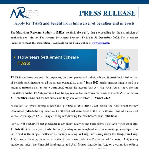 Document preview: Apply for TASS and benefit from full waiver of penalties and interests (20.12.22) — Document, Mauritius (CERFA n°TASS201222)