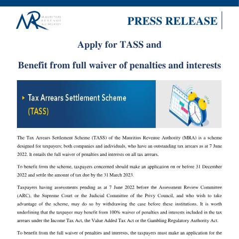 Document preview: Apply for TASS and Benefit from full waiver of penalties and interests (26.08.22) — Document, Mauritius (CERFA n°PressRelease260822)