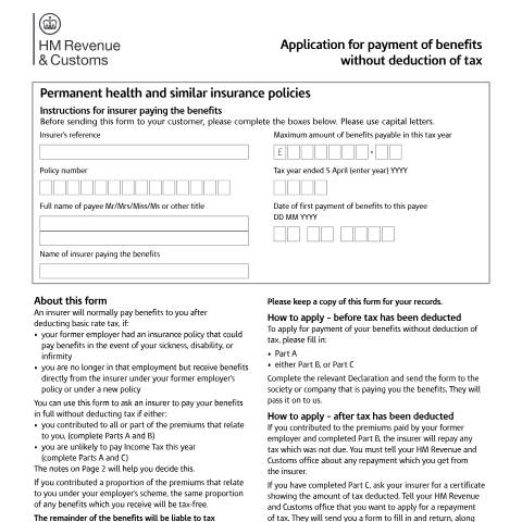Document preview: Apply for insurance benefits to be paid without tax being deducted — HM Revenue & Customs, United Kingdom