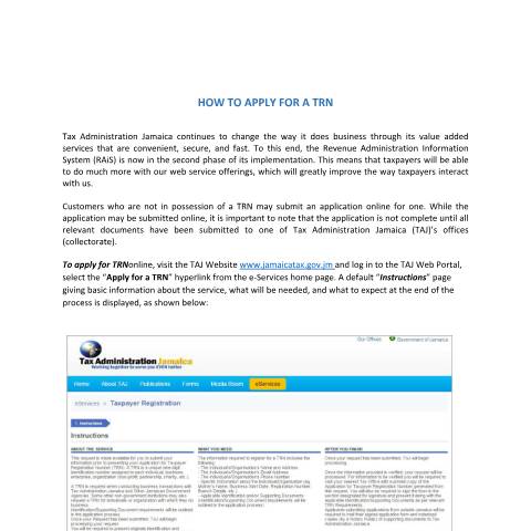 Document preview: Apply for a Taxpayer Registration Number — Form, Jamaica (CERFA n°eServices+-+Apply+for+a+TRN)