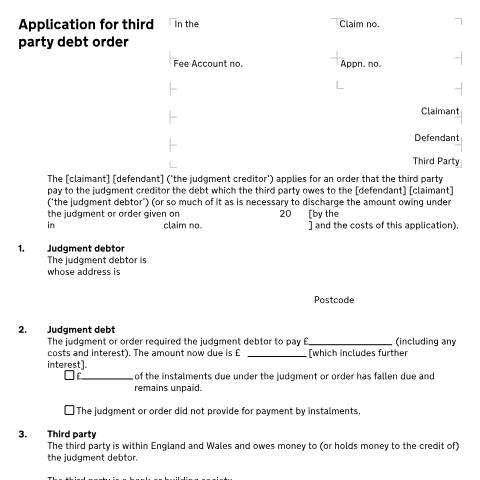 Document preview: Form N349: Apply to the court for a 'third-party debt order' — HM Courts & Tribunals Service, United Kingdom