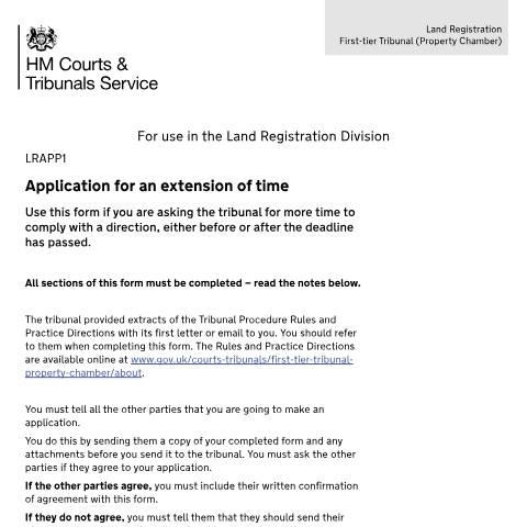 Document preview: Apply for a time extension: Form LRAPP1 — HM Courts & Tribunals Service, United Kingdom