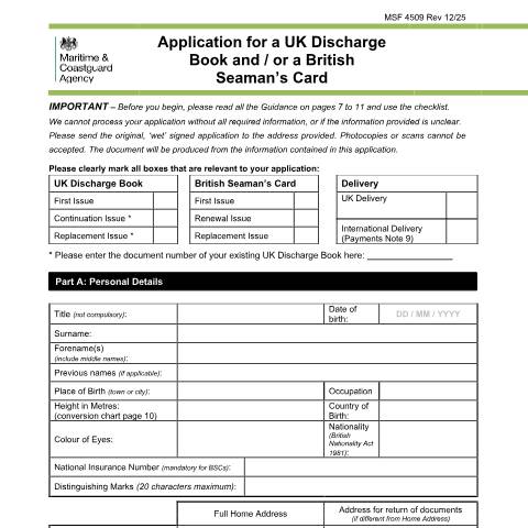 Document preview: Apply for UK Discharge Book and / or British Seaman’s Card — Maritime and Coastguard Agency, United Kingdom