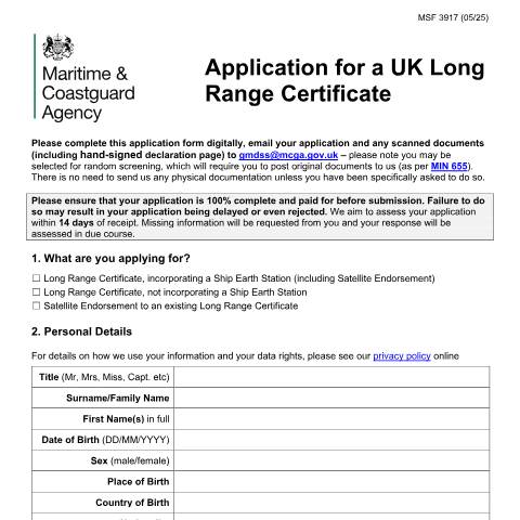Document preview: How to apply for a UK Long Range Certificate (LRC) — Maritime and Coastguard Agency, United Kingdom