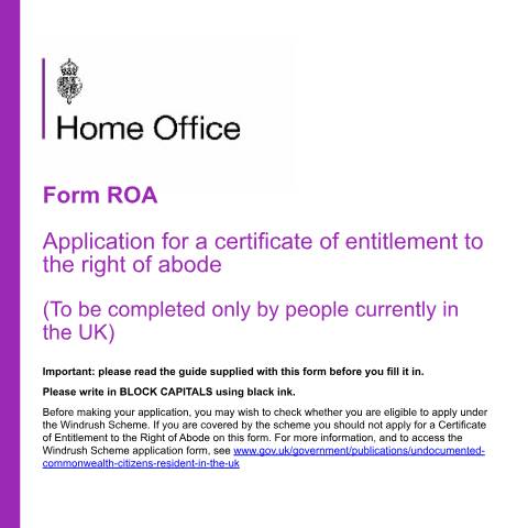 Document preview: Application for a certificate of entitlement to the right of abode (form ROA) — UK Visas and Immigration, United Kingdom