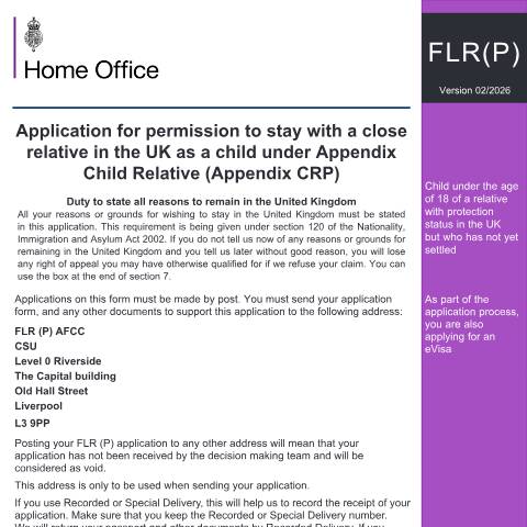 Document preview: Apply for permission to stay in the UK as a child of a close relative with protection status in the UK: FLR(P) — UK Visas and Immigration, United Kingdom
