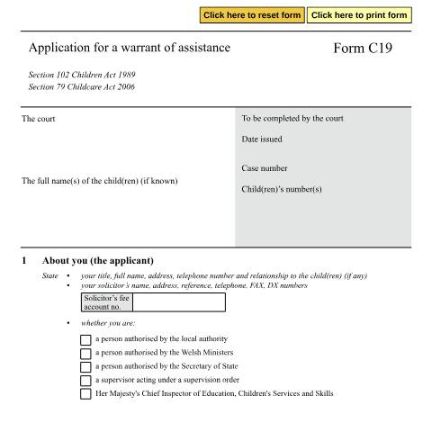 Document preview: Apply for a warrant of assistance: Form C19 — HM Courts & Tribunals Service, United Kingdom