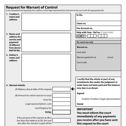 Document preview: Form N323: Apply for a warrant of control to recover money you're owed after a court order — HM Courts & Tribunals Service, United Kingdom