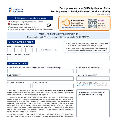 Document preview: Application for Interbank GIRO (Foreign Domestic Worker Levy Payment) — MOM / Forms, Singapore (CERFA n°GIRO_APPLN_FORM_FOR_FDW)