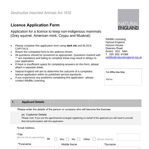 Document preview: Mink, coypu and muskrat: apply for a licence to keep them (A04 and LR04) — Natural England, United Kingdom