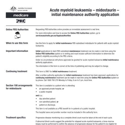 Document preview: Acute myeloid leukaemia - midostaurin - initial maintenance authority application form (PB253) — Services Australia — Health professionals, Australia (CERFA n°PB253)