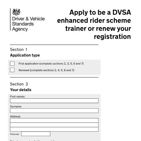 Document preview: Apply to be a DVSA enhanced rider scheme trainer or renew your registration — Driver and Vehicle Standards Agency, United Kingdom