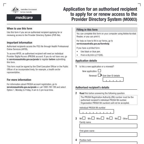 Document preview: Application for an authorised recipient to apply for or renew access to the Provider Directory System form (MO003) — Services Australia — Health professionals, Australia (CERFA n°MO003)