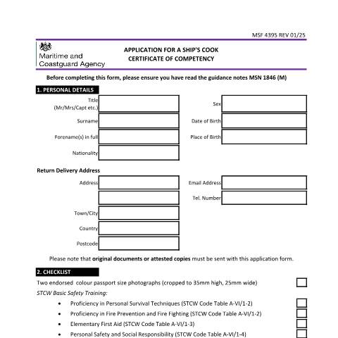 Document preview: How to apply for a ships' cook certificate of competency — Maritime and Coastguard Agency, United Kingdom