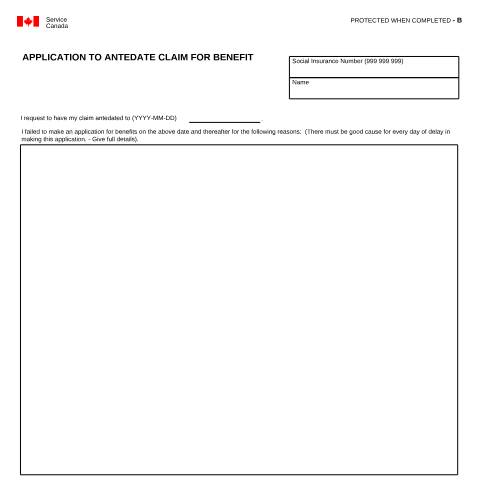 Document preview: Application to Antedate Claim for Benefit — Employment Insurance, Canada (CERFA n°INS2987)