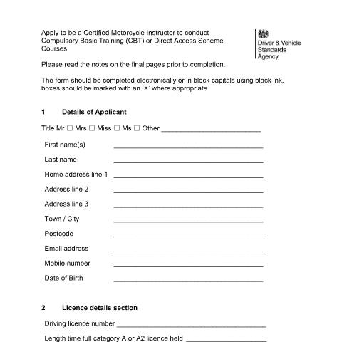 Document preview: Apply to be a certified motorcycle instructor — Driver and Vehicle Standards Agency, United Kingdom