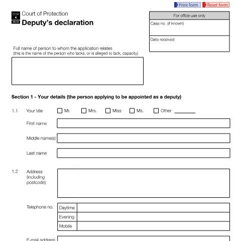 Document preview: Apply to become someone's deputy (make a declaration): Form COP4 — HM Courts & Tribunals Service, United Kingdom
