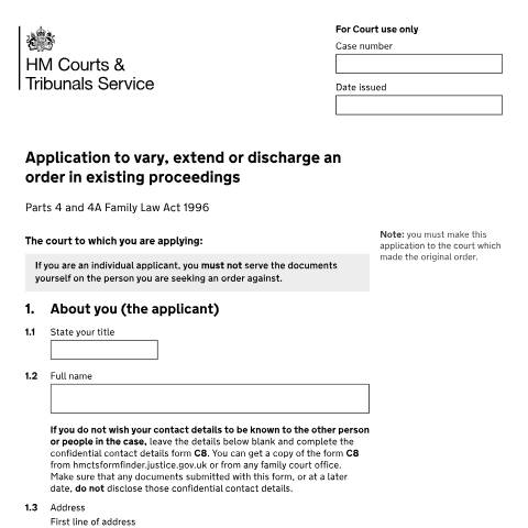 Document preview: Apply to change or set aside a non-molestation order or occupation order: Form FL403 — HM Courts & Tribunals Service, United Kingdom