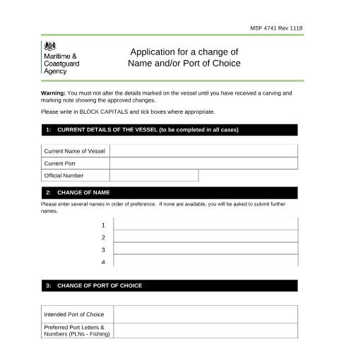 Document preview: Apply to change a ship's name or port of choice (MSF 4741) — Maritime and Coastguard Agency, United Kingdom