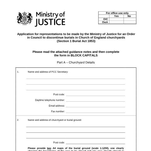 Document preview: Apply to close a churchyard — Ministry of Justice, United Kingdom