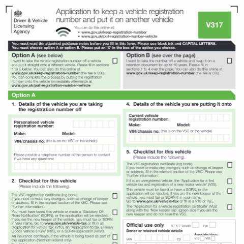 Document preview: Apply to keep a vehicle registration number and put it on another vehicle (form V317) — Driver and Vehicle Licensing Agency, United Kingdom