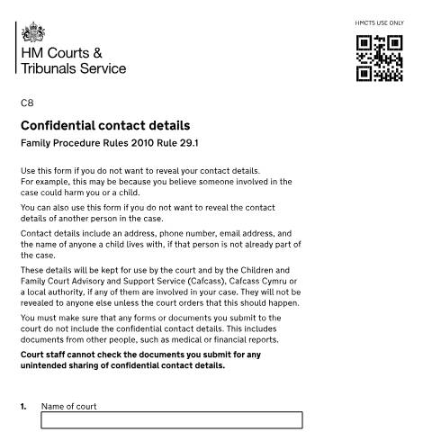 Document preview: Apply to keep your contact details confidential: Form C8 — HM Courts & Tribunals Service, United Kingdom
