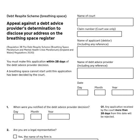 Document preview: Apply to keep your address confidential on the Debt Respite Scheme (Breathing Space) register (N244E) — HM Courts & Tribunals Service, United Kingdom