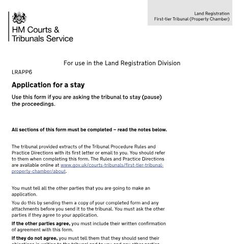 Document preview: Apply to pause proceedings: Form LRAPP6 — HM Courts & Tribunals Service, United Kingdom