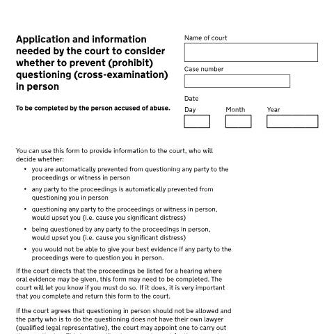 Document preview: Accused: Apply to the court to consider whether to prevent (prohibit) questioning (cross-examination) in person: Form EX741 — HM Courts & Tribunals Service, United Kingdom
