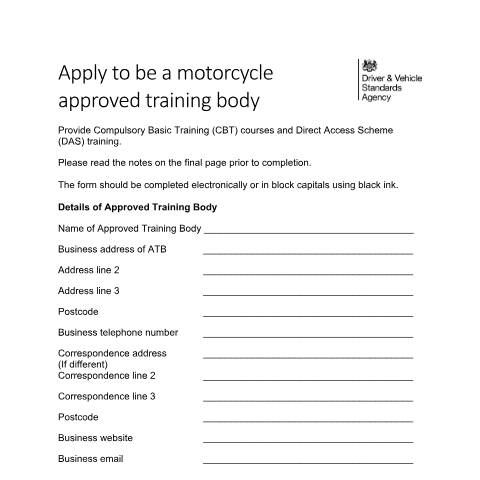 Document preview: Apply to provide compulsory basic training (CBT) courses — Driver and Vehicle Standards Agency, United Kingdom