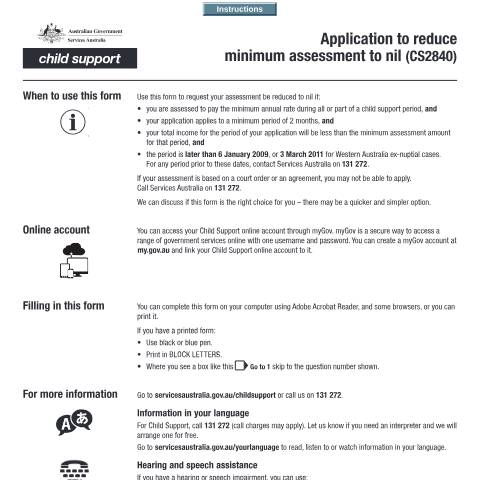 Document preview: Application to reduce minimum assessment to nil — Services Australia — Individuals (by code), Australia (CERFA n°CS2840)