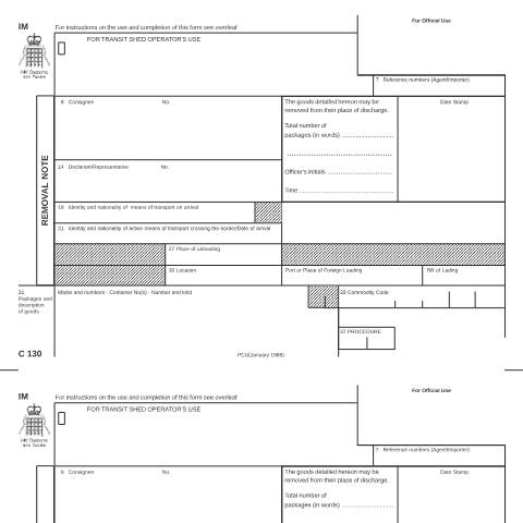 Document preview: Apply to remove goods from a transit shed (C130) — HM Revenue & Customs, United Kingdom