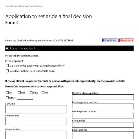 Document preview: Apply to set aside a final decision: Form SEND20C — HM Courts & Tribunals Service, United Kingdom