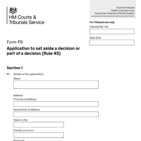 Document preview: Apply to set aside a decision or part of a decision (Rule 45): Form P9 — HM Courts & Tribunals Service, United Kingdom