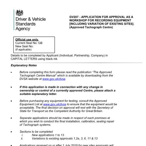 Document preview: Apply to set up an Approved Tachograph Centre (ATC) — Driver and Vehicle Standards Agency, United Kingdom