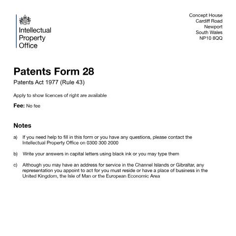 Document preview: Apply to show licences of right are available — Intellectual Property Office, United Kingdom