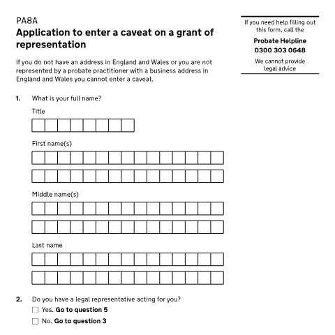 Document preview: Apply to stop a grant of probate by post: Form PA8A — HM Courts & Tribunals Service, United Kingdom