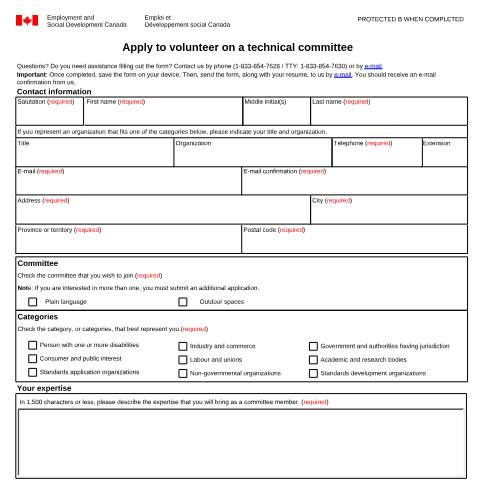 Document preview: Apply to volunteer on a technical committee — Employment and Social Development Canada, Canada (CERFA n°EMP5674)