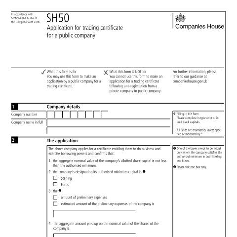 Document preview: Apply for trading certificate for a public company (SH50) — Companies House, United Kingdom