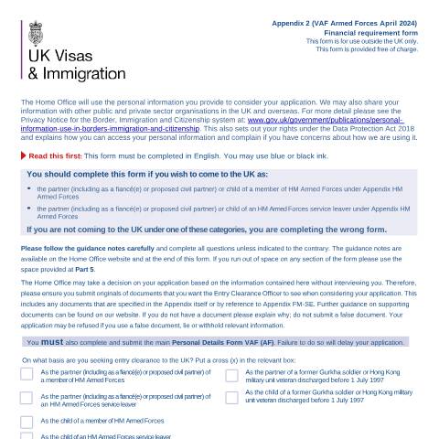 Document preview: Apply for a UK visa as a member of HM Forces or their family: form VAF AF — UK Visas and Immigration, United Kingdom