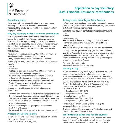 Document preview: Apply to pay voluntary Class 3 National Insurance contributions — HM Revenue & Customs, United Kingdom
