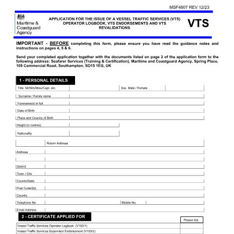 Document preview: How to apply for a Vessel Traffic Services (VTS) licence — Maritime and Coastguard Agency, United Kingdom